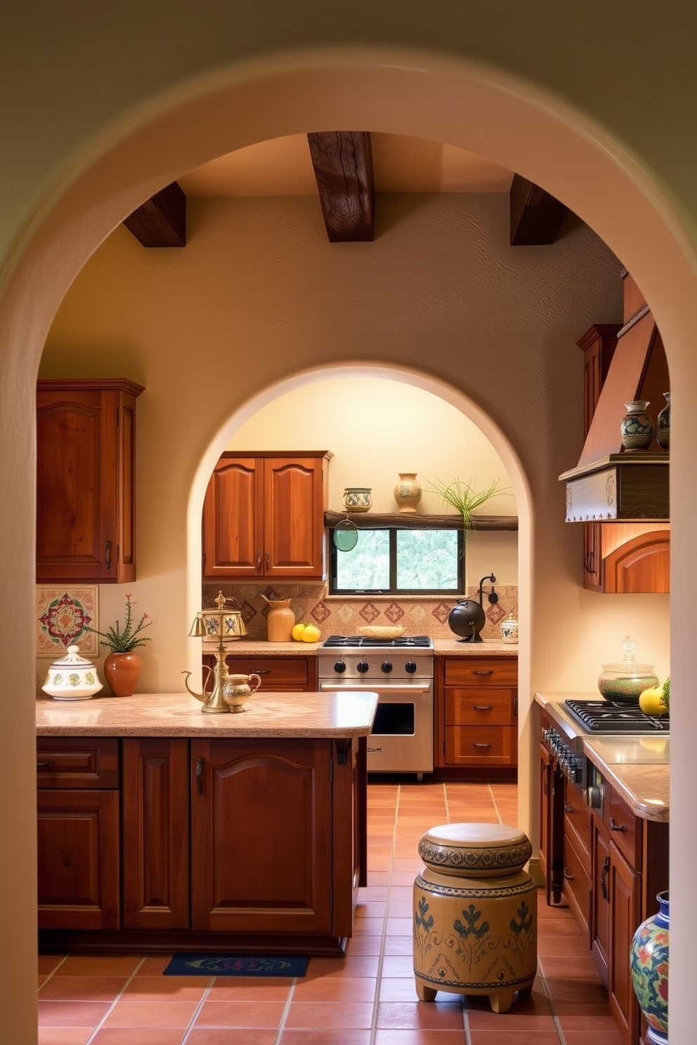 A warm and inviting Southwestern kitchen features arched doorways that create a sense of charm and character. The space is adorned with rustic wooden cabinets, terracotta tiles, and colorful ceramic accents that reflect the vibrant culture of the Southwest.