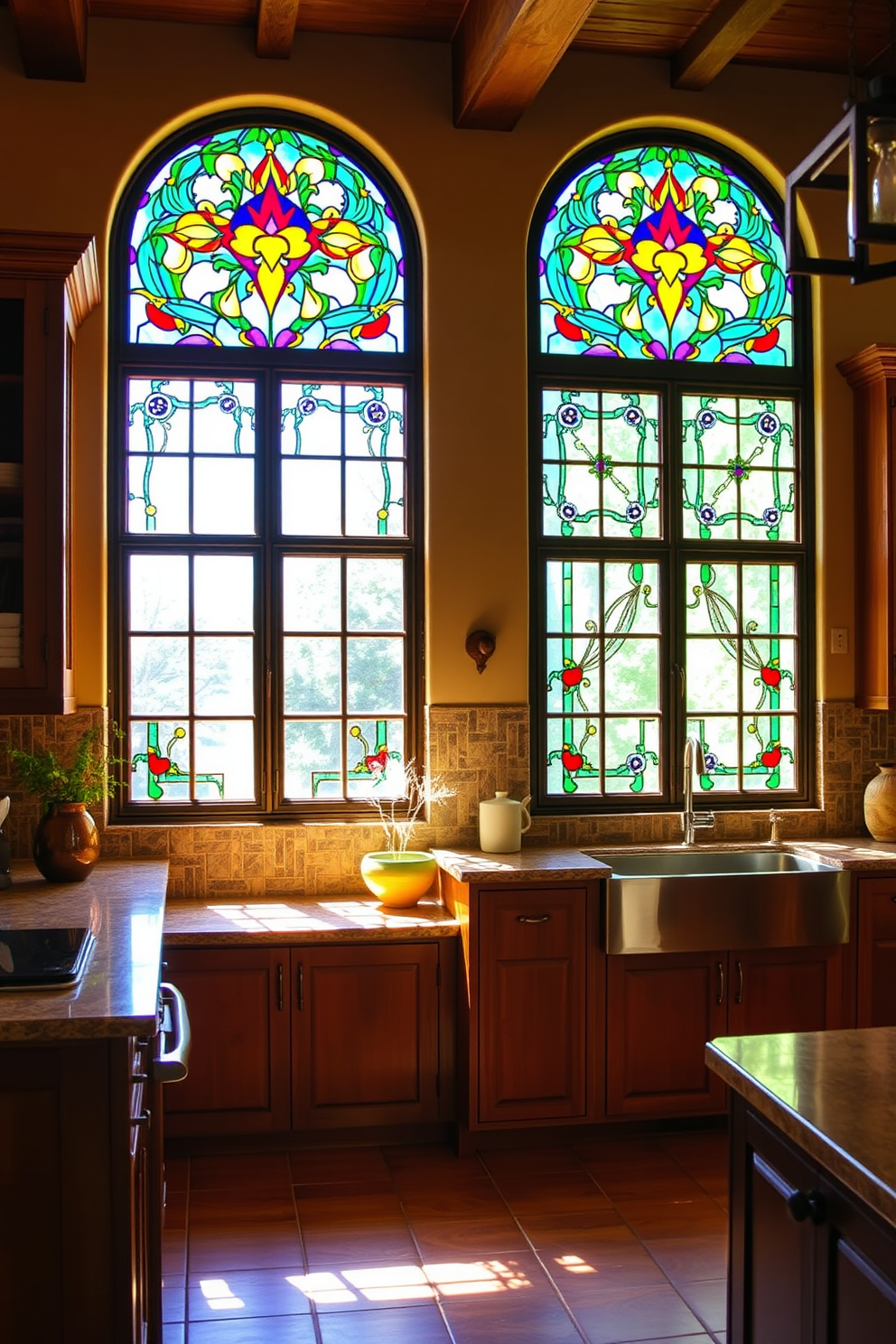 A Southwestern kitchen featuring stunning stained glass windows that filter light into vibrant colors. The cabinetry is a warm wood tone, complemented by terracotta tiles and rustic metal accents throughout the space.