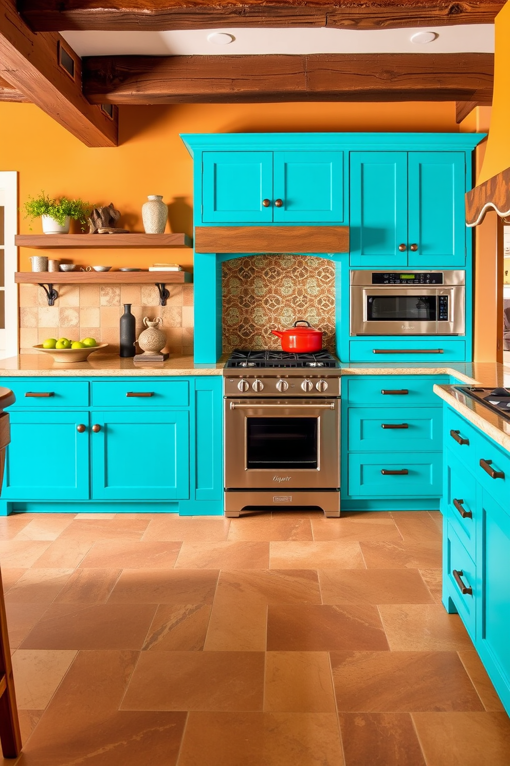 A vibrant Southwestern kitchen features striking turquoise cabinets complemented by elegant copper hardware. The warm, earthy tones of the backsplash and countertops create a harmonious balance, while rustic wooden beams add character to the ceiling.