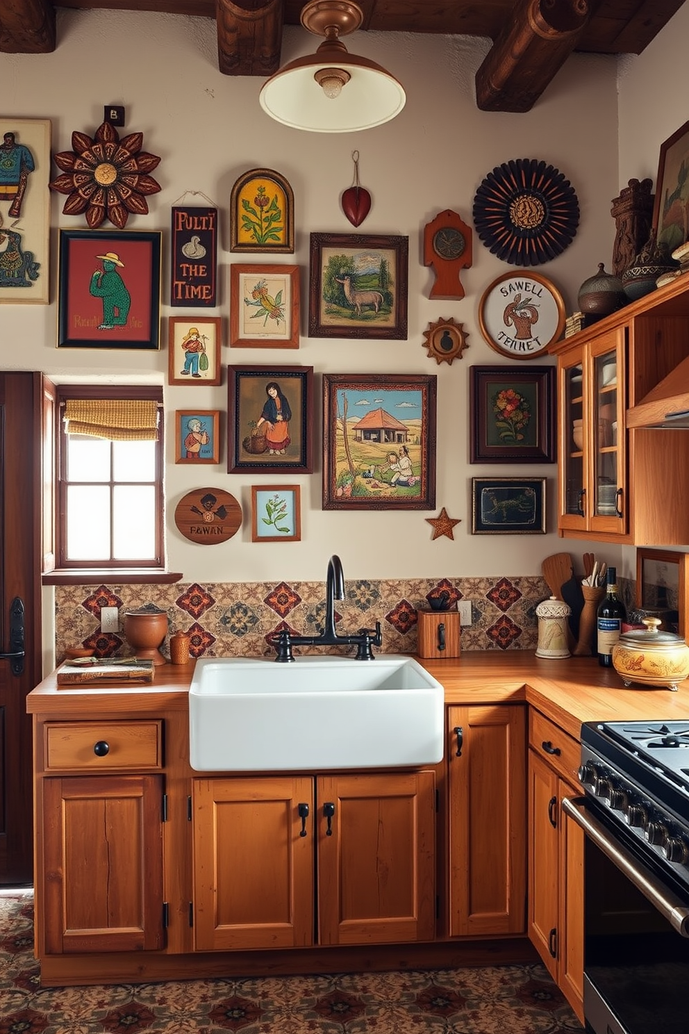 A rustic fireplace with a stone surround serves as the focal point of the living area. The mantel is adorned with handcrafted wooden accents and a collection of vintage decor items. The kitchen features Southwestern design elements, showcasing warm earthy tones and vibrant tile work. Open shelving displays colorful pottery and woven baskets, creating a welcoming and functional space.