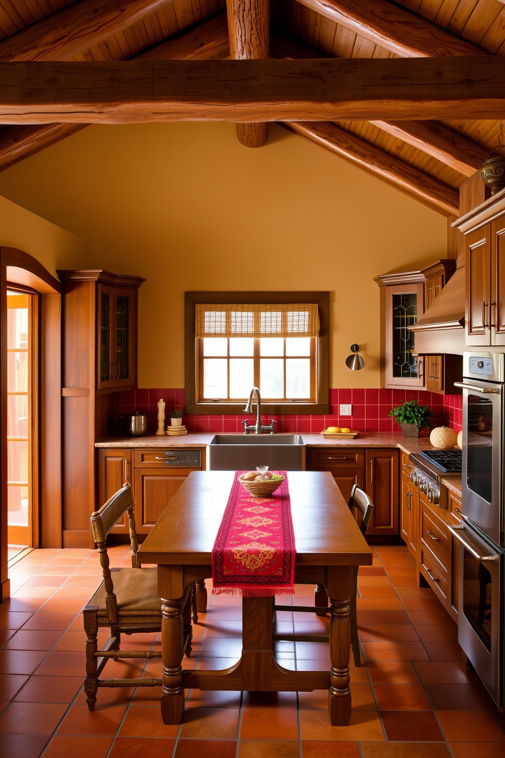 Brightly colored cabinetry in vibrant shades of turquoise and orange creates a lively atmosphere in a Southwestern kitchen. The cabinets are complemented by rustic wooden accents and open shelving displaying handcrafted pottery and colorful textiles.