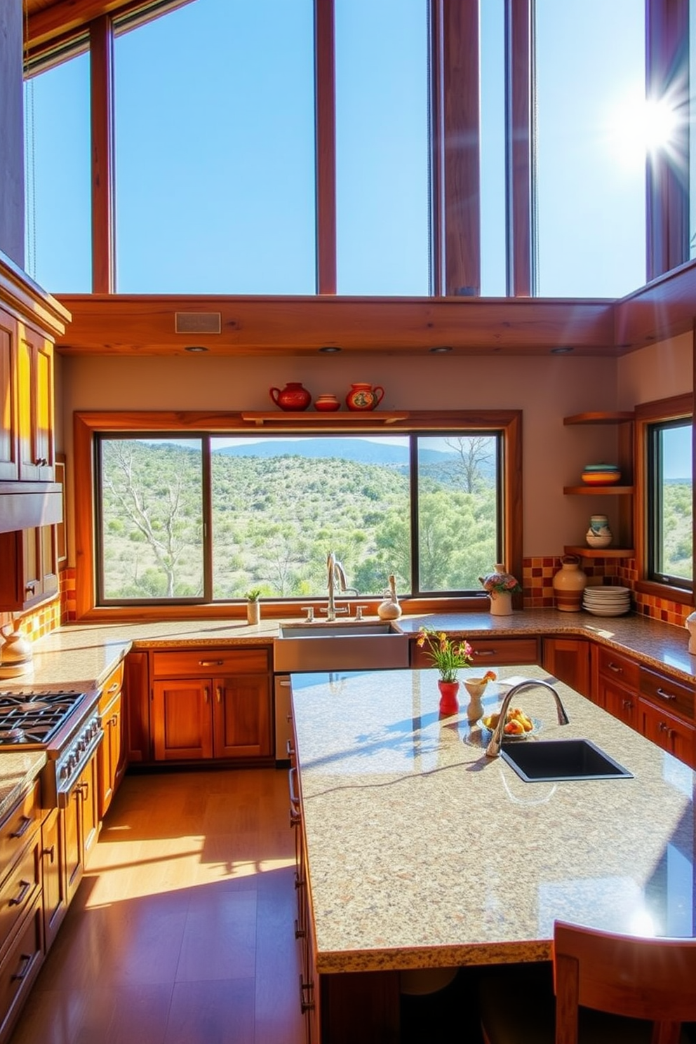 A spacious kitchen bathed in natural light from large windows that frame a stunning view of the outdoors. The design features rustic wooden cabinets paired with a vibrant tile backsplash in warm southwestern colors. A large central island with bar seating invites gatherings, topped with a polished granite surface. Decorative open shelving displays colorful dishware and traditional pottery, adding character to the space.