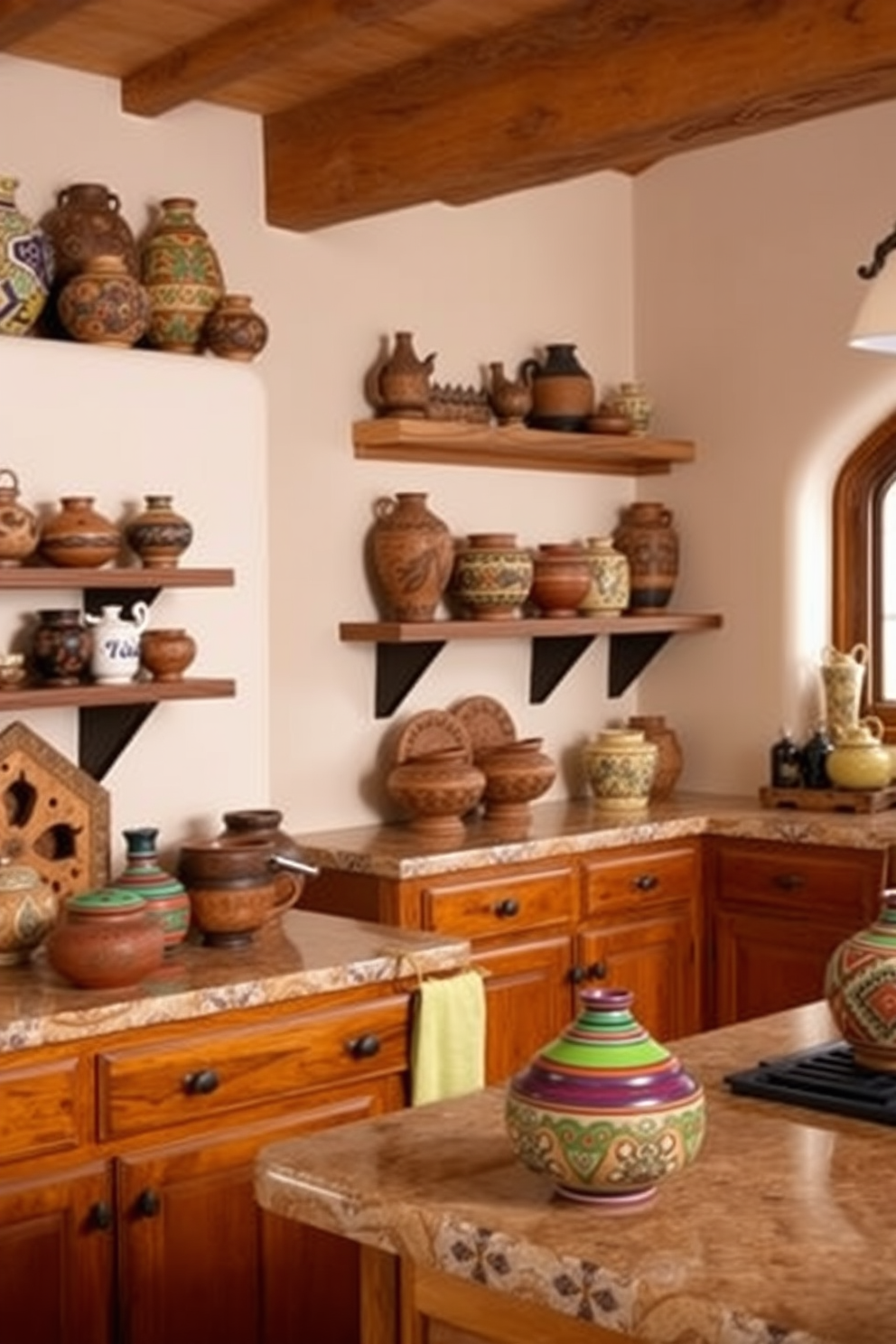 A Southwestern kitchen features traditional clay pottery as centerpieces on a rustic wooden dining table. The walls are adorned with vibrant tile work, and warm earthy tones create a cozy atmosphere throughout the space.