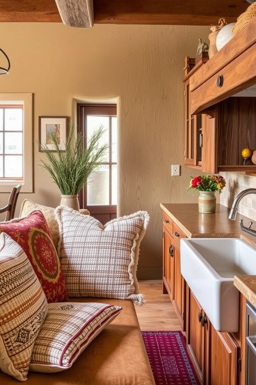 A cozy Southwestern kitchen featuring textured fabrics for cushions and pillows. The space includes warm earthy tones with vibrant patterns, complemented by rustic wooden cabinets and a large farmhouse sink.