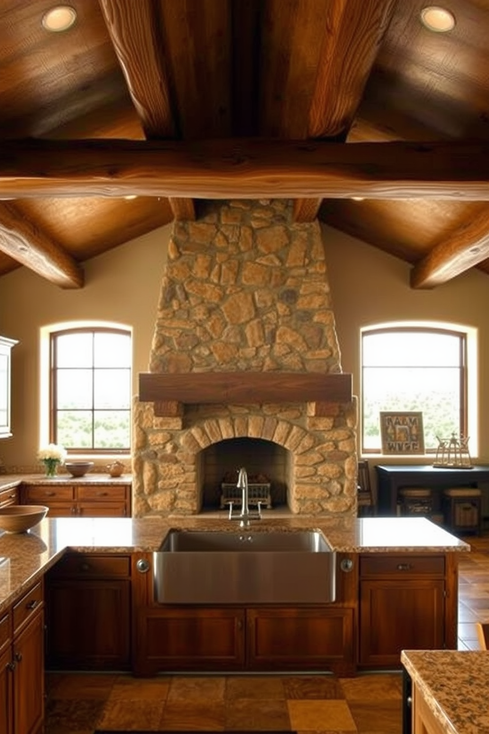 A warm and inviting Southwestern kitchen featuring rustic wooden beams and terracotta tiles. Spanish style lanterns hang from the ceiling, casting a soft glow over the space filled with earthy tones and vibrant accents. The kitchen island is topped with a rich granite surface, complemented by handcrafted wooden stools. Colorful ceramic tiles adorn the backsplash, adding a touch of traditional flair to the modern appliances.