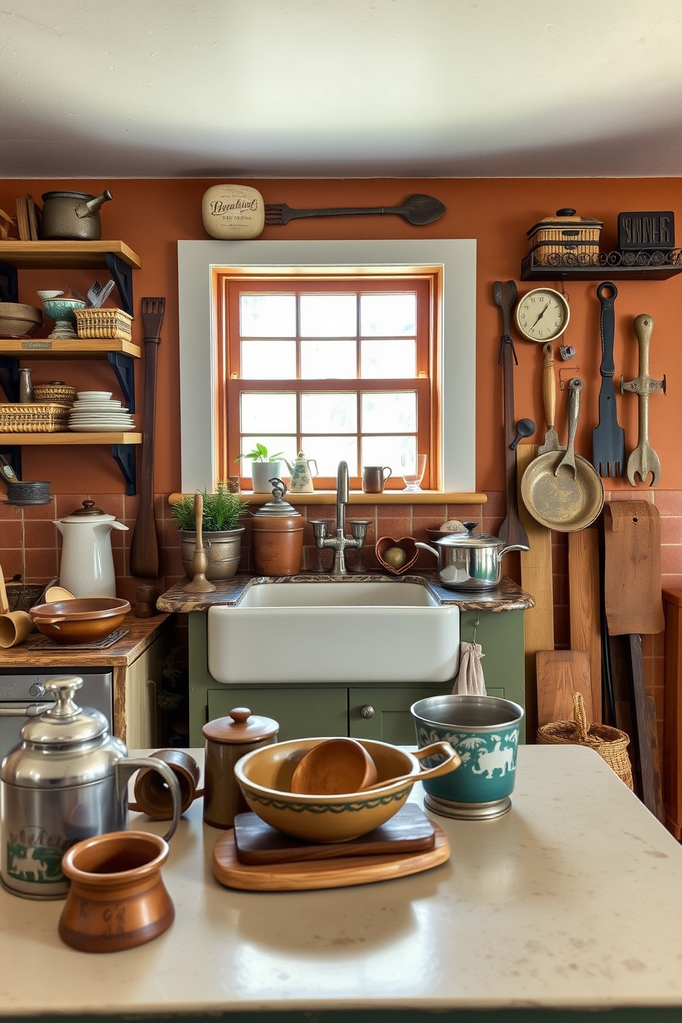 Antique kitchen tools are creatively displayed as decor accents throughout the space. The warm earthy tones of the southwestern kitchen design complement the rustic charm of the vintage items.