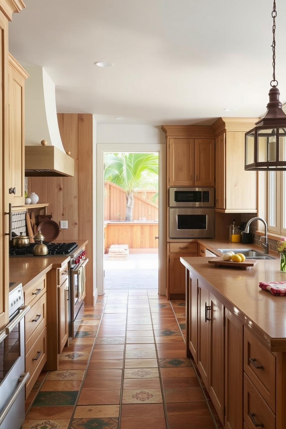 Natural wood cabinetry with a distressed finish creates a warm and inviting atmosphere in the kitchen. The space features colorful ceramic tiles and rustic pendant lighting that enhances the Southwestern charm.