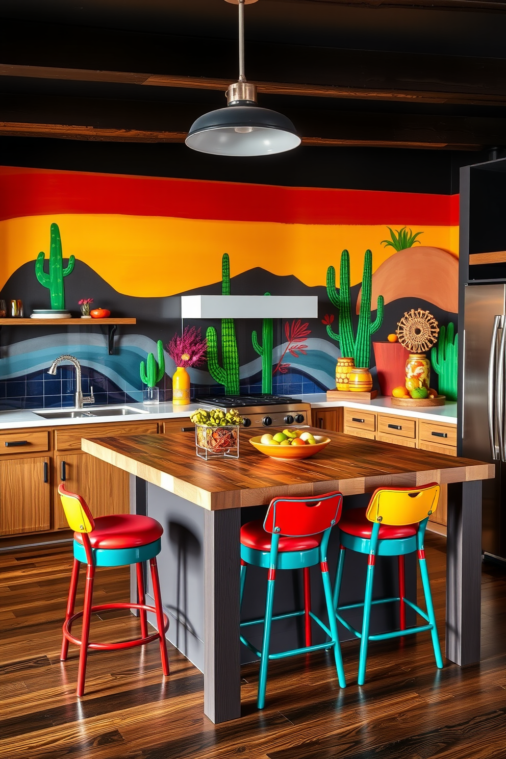 A striking kitchen featuring a bold accent wall adorned with a vibrant southwestern mural. The kitchen island is topped with a rustic wooden surface, complemented by colorful bar stools that invite casual dining.