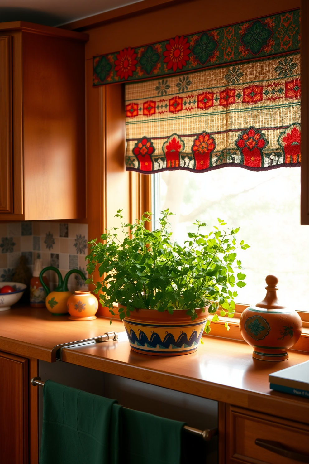 A vibrant herb garden thrives in the kitchen window, filling the space with fresh aromas and a touch of greenery. The kitchen features warm wooden cabinets, terracotta tiles, and colorful southwestern accents that create a welcoming and lively atmosphere.