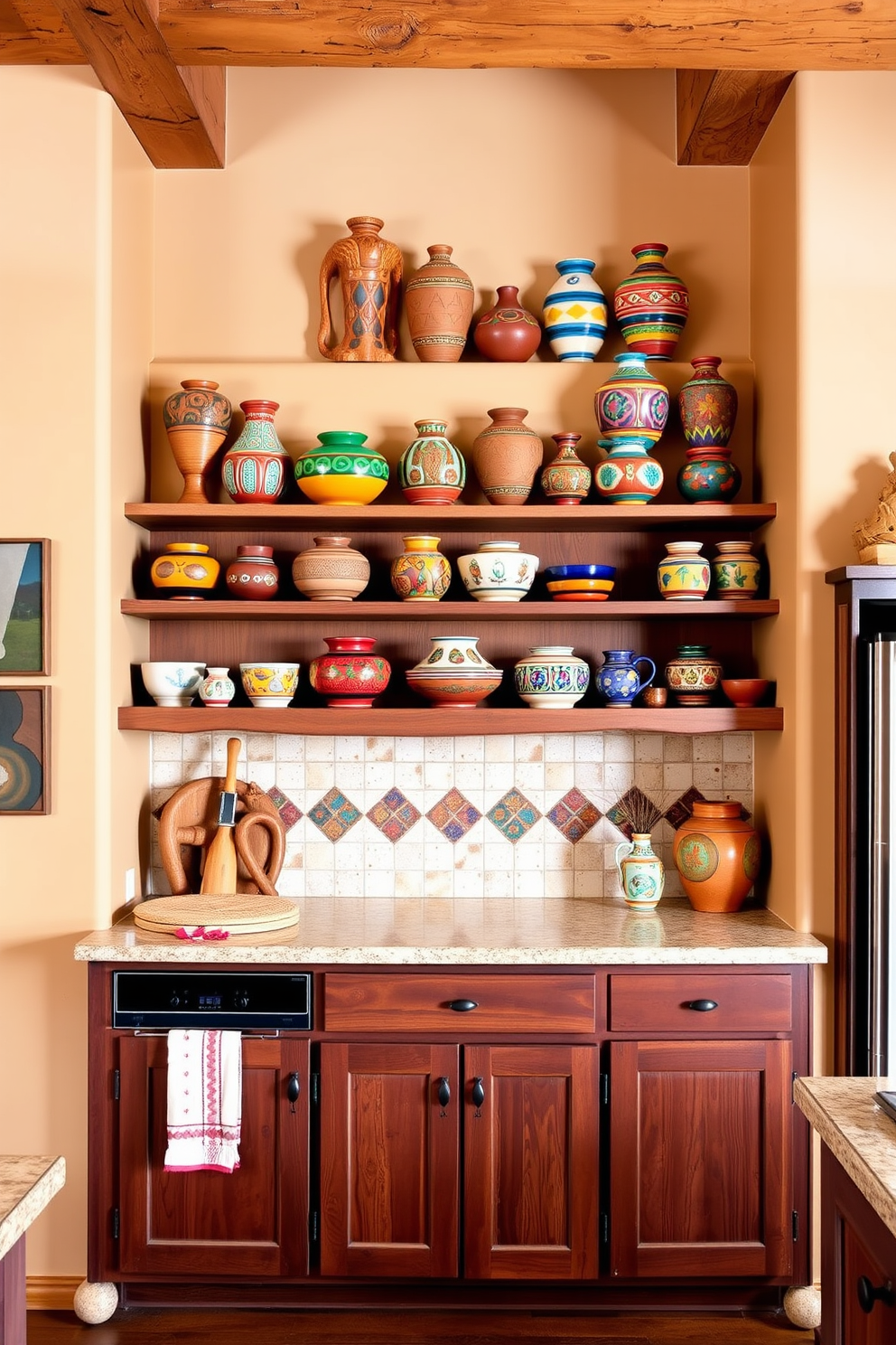 A warm and inviting southwestern kitchen features open shelving that showcases an array of colorful southwestern pottery. The cabinets are crafted from rustic wood, and the walls are adorned with earthy tones that complement the vibrant pottery.