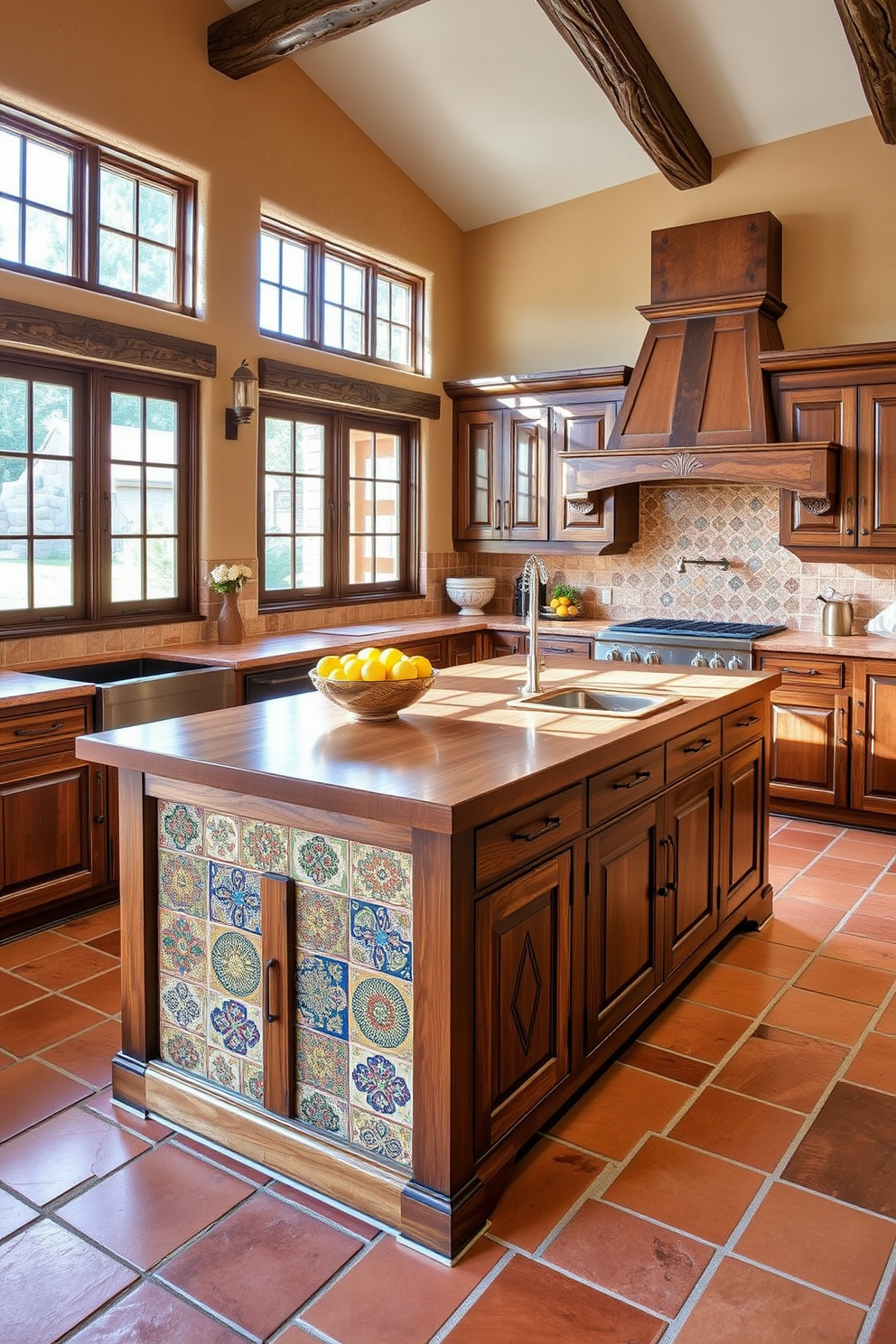 A warm and inviting kitchen featuring traditional Southwest motifs. The walls are adorned with hand-painted tiles showcasing vibrant colors and intricate patterns, while rustic wooden beams stretch across the ceiling. A large wooden dining table sits at the center, surrounded by colorful chairs upholstered in rich textiles. The cabinetry is a distressed finish, complemented by wrought iron hardware and decorative pottery displayed on open shelves.