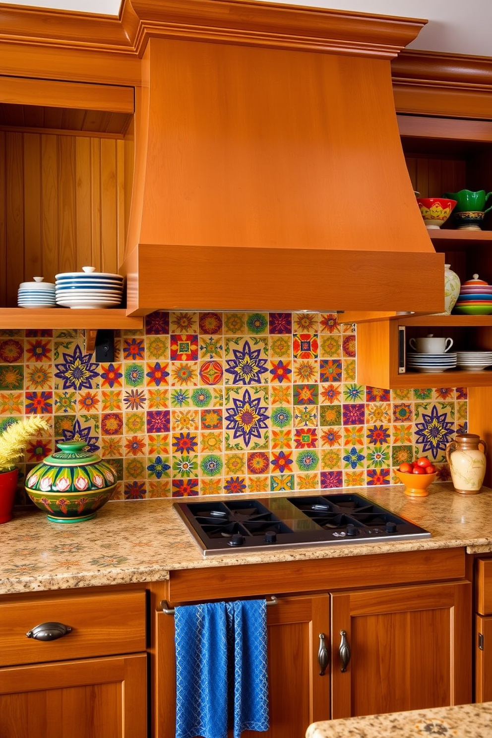 A vibrant Southwestern kitchen featuring a Mexican tile backsplash adorned with bold patterns in rich colors. The cabinetry is a warm wood tone, complemented by rustic hardware and open shelving displaying colorful dishware.