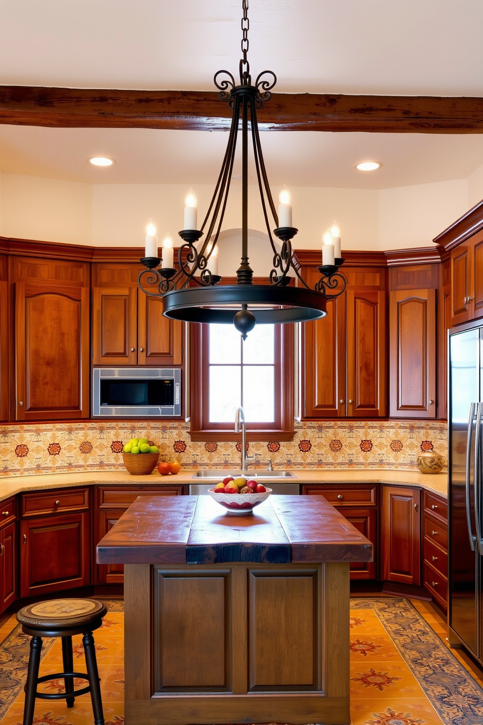 A warm and inviting Southwestern kitchen features wrought iron light fixtures that cast a soft glow across the space. The cabinets are a rich wood tone, complemented by colorful ceramic tiles that showcase traditional Southwestern patterns. The kitchen island is topped with a rustic wooden surface, providing ample space for meal preparation and gathering. A large wrought iron chandelier hangs above the island, creating a focal point that enhances the overall ambiance of the room.