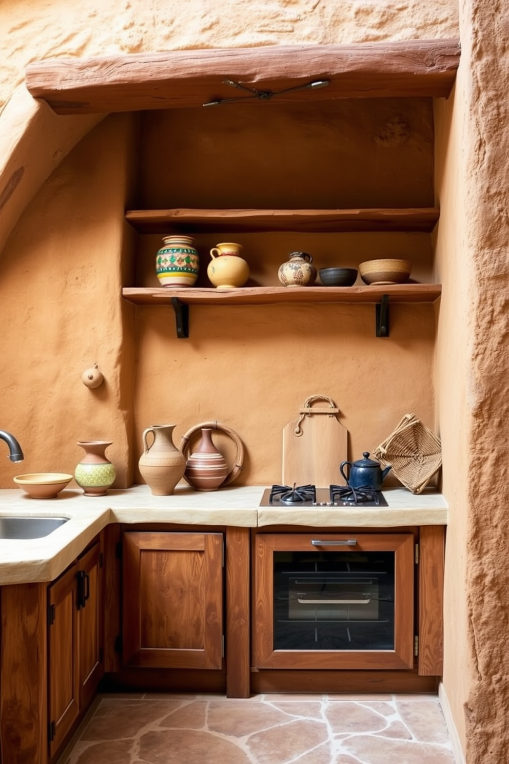 Hickory cabinets with wrought iron handles create a warm and inviting atmosphere in a Southwestern kitchen. The space features terracotta tiles on the floor and a colorful backsplash that incorporates traditional Southwestern patterns.