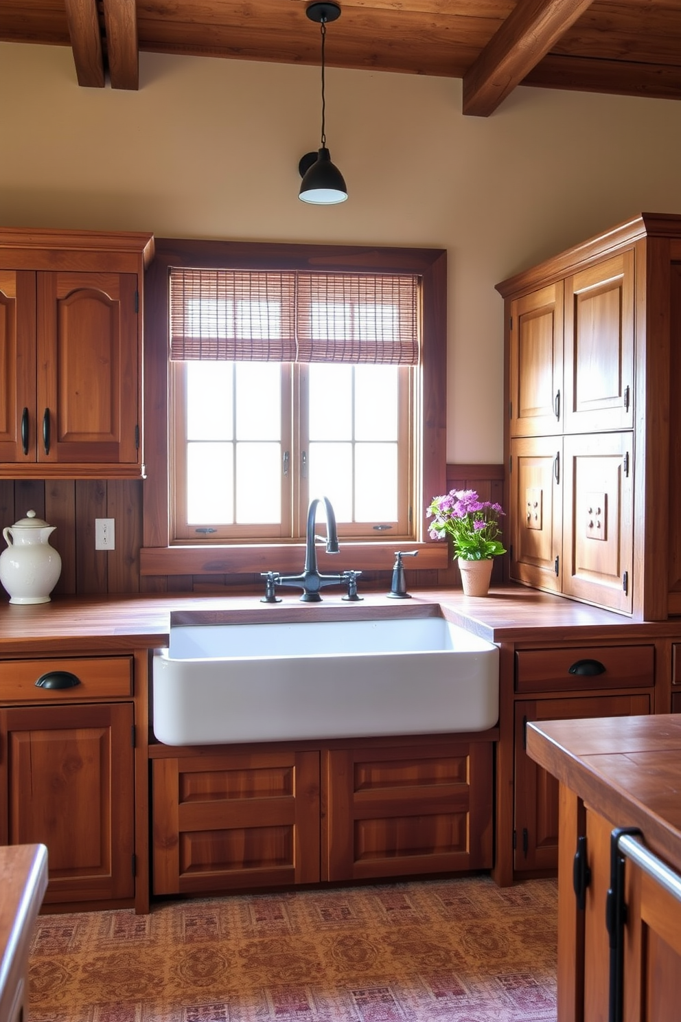 A charming Southwestern kitchen features a large farmhouse sink set into a rustic wooden countertop. Surrounding the sink are handcrafted wooden cabinets with intricate detailing, showcasing a warm color palette of earthy tones.