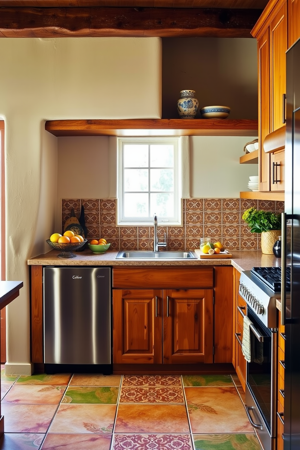 A vibrant Southwestern kitchen featuring hand-painted ceramic tiles as accents. The tiles showcase intricate patterns in warm earthy tones, complementing the rustic wooden cabinetry and open shelving.