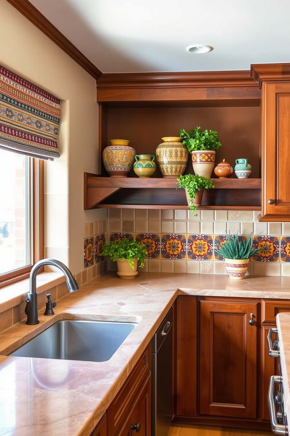 A warm and inviting Southwestern kitchen features natural stone countertops in earthy tones that complement the rustic wood cabinetry. The backsplash showcases vibrant tile patterns inspired by traditional Southwestern motifs, while open shelving displays colorful pottery and fresh herbs.