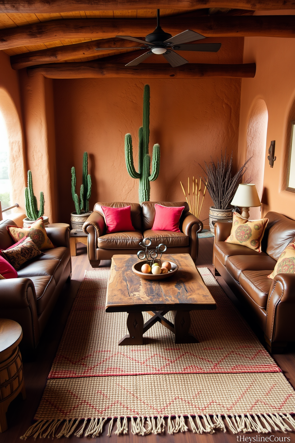 A cozy Southwestern living room featuring an earthy color palette with warm tones. The walls are adorned with textured adobe finishes, and a large woven rug lies on the wooden floor. In the center, a rustic wooden coffee table is surrounded by comfortable leather sofas in rich browns. Decorative pillows in vibrant reds and oranges add a pop of color, while a large cactus stands in the corner, enhancing the Southwestern vibe.