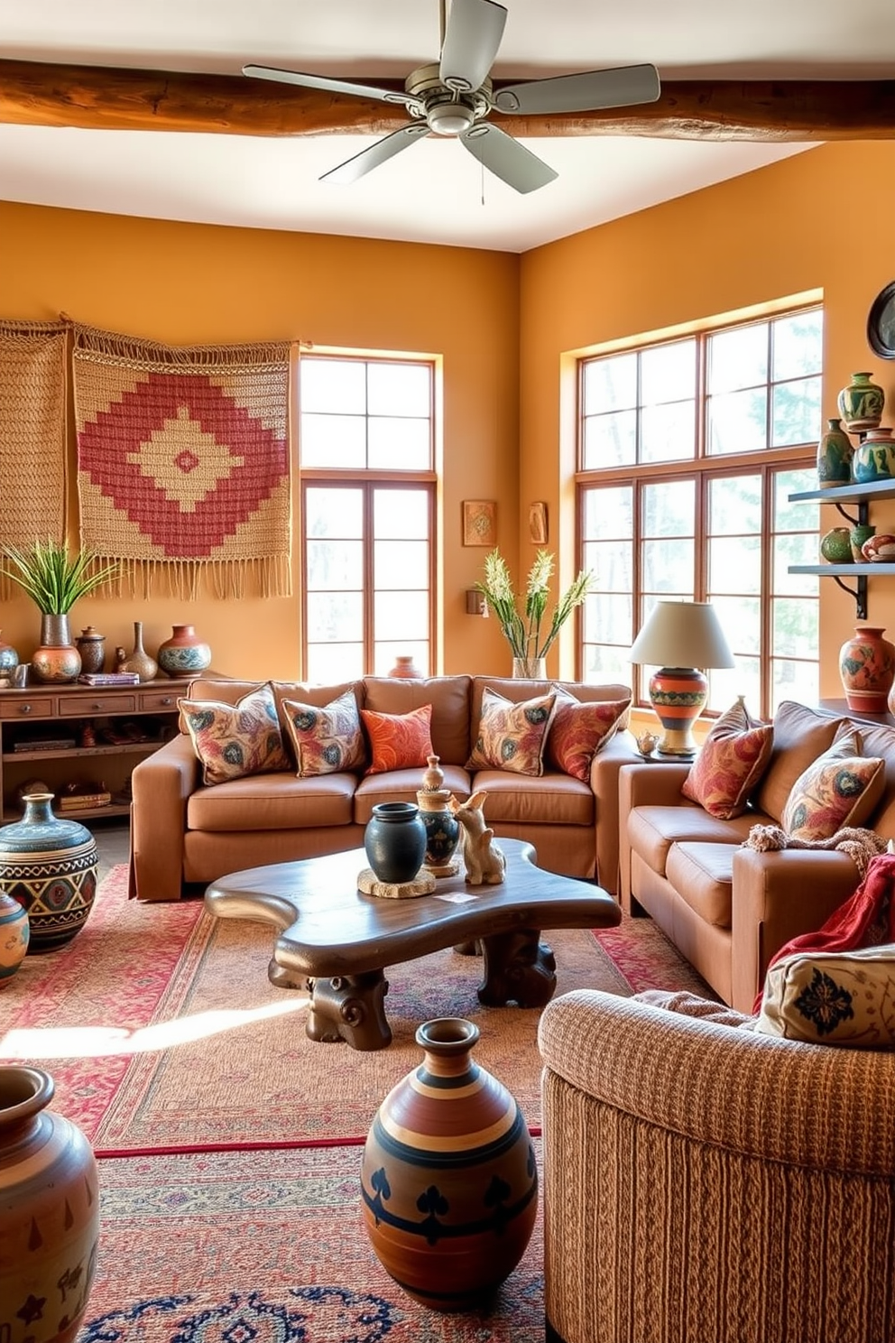 A vibrant Southwestern living room filled with colorful ceramic pottery accents. The space features a large, inviting sofa adorned with patterned throw pillows and a rustic wooden coffee table at the center. The walls are painted in warm earth tones, complemented by woven textiles hanging as art. Natural light floods in through large windows, highlighting the unique pottery pieces displayed on shelves and side tables.