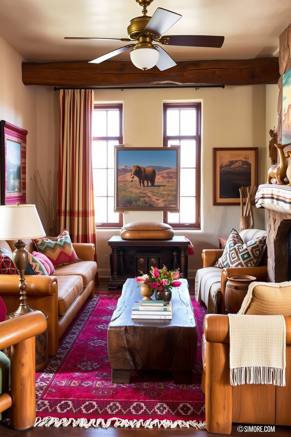 A cozy Southwestern living room features natural wood furniture that exudes authenticity and warmth. The space is adorned with vibrant textiles and earthy tones, complemented by rustic accents and art inspired by the region's landscapes.