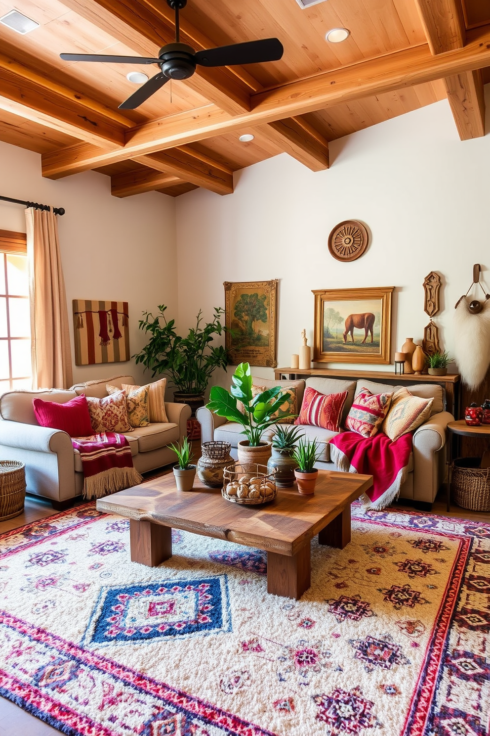 A cozy Southwestern living room featuring layered textiles for added warmth. The space includes a large, plush area rug with geometric patterns, complemented by throw pillows in vibrant colors and textures on a comfortable sofa. Natural wood beams adorn the ceiling, enhancing the rustic charm of the room. A coffee table made of reclaimed wood sits at the center, surrounded by potted plants and handcrafted decor items that reflect the Southwestern aesthetic.