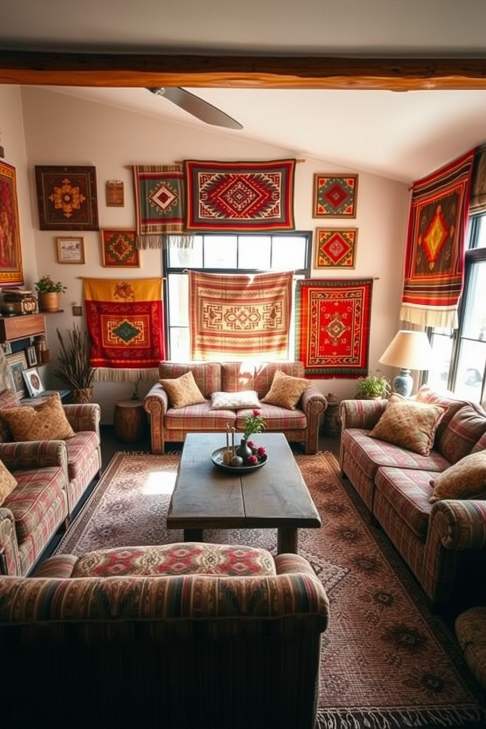 A cozy southwestern living room adorned with vintage textiles as wall hangings. The room features a rustic wooden coffee table surrounded by plush, patterned sofas in earthy tones. Natural light streams in through large windows, highlighting the vibrant colors of the textiles. A woven rug with intricate designs anchors the seating area, creating a warm and inviting atmosphere.