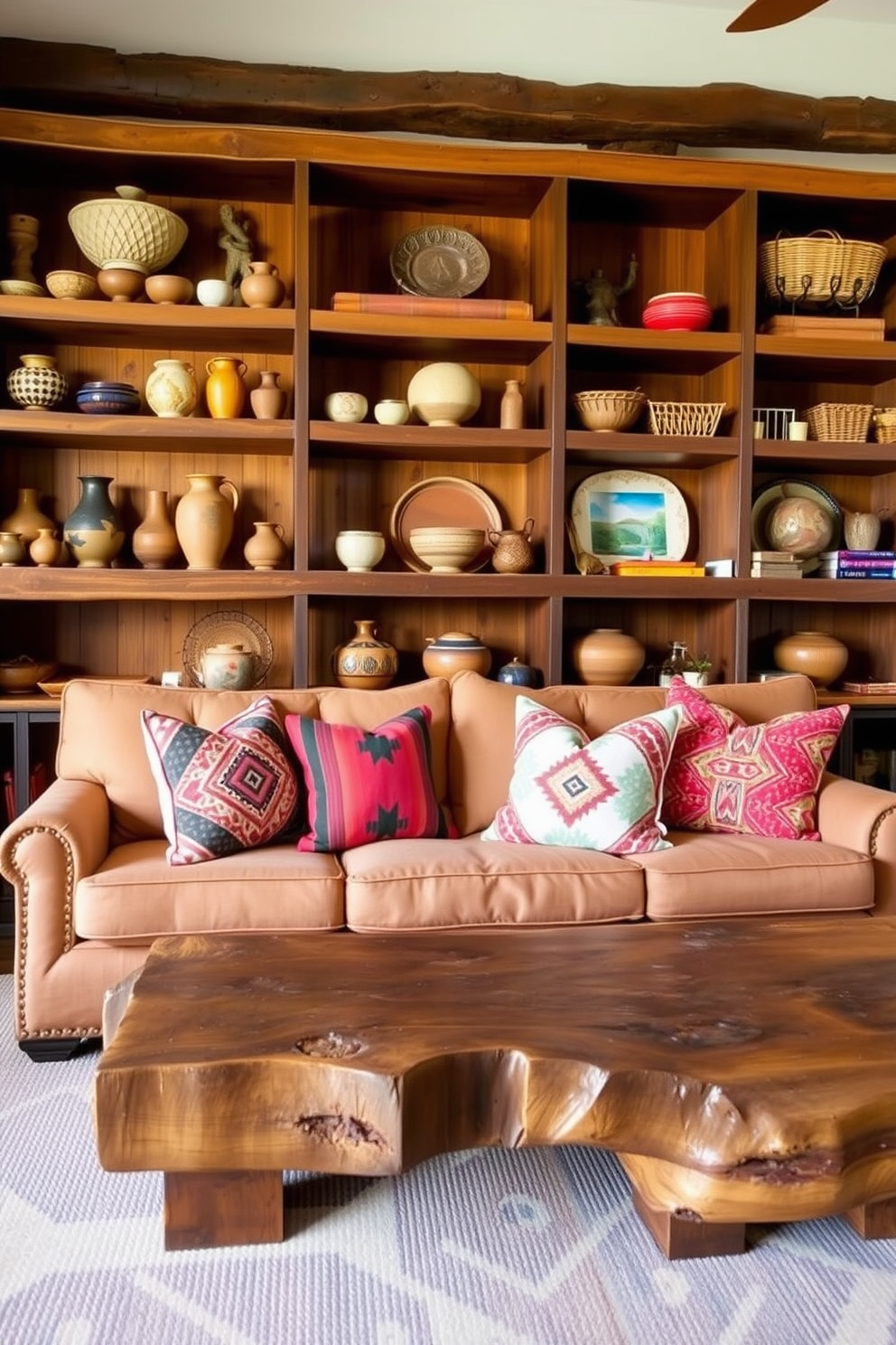 Open shelving with rustic finishes creates a warm and inviting atmosphere in the living room. The shelves are filled with a mix of decorative pottery, woven baskets, and vibrant textiles that reflect Southwestern culture. A large, plush sofa in earthy tones is positioned in front of a rustic coffee table made from reclaimed wood. Accent pillows in bold patterns and colors add a touch of comfort and style to the seating area.