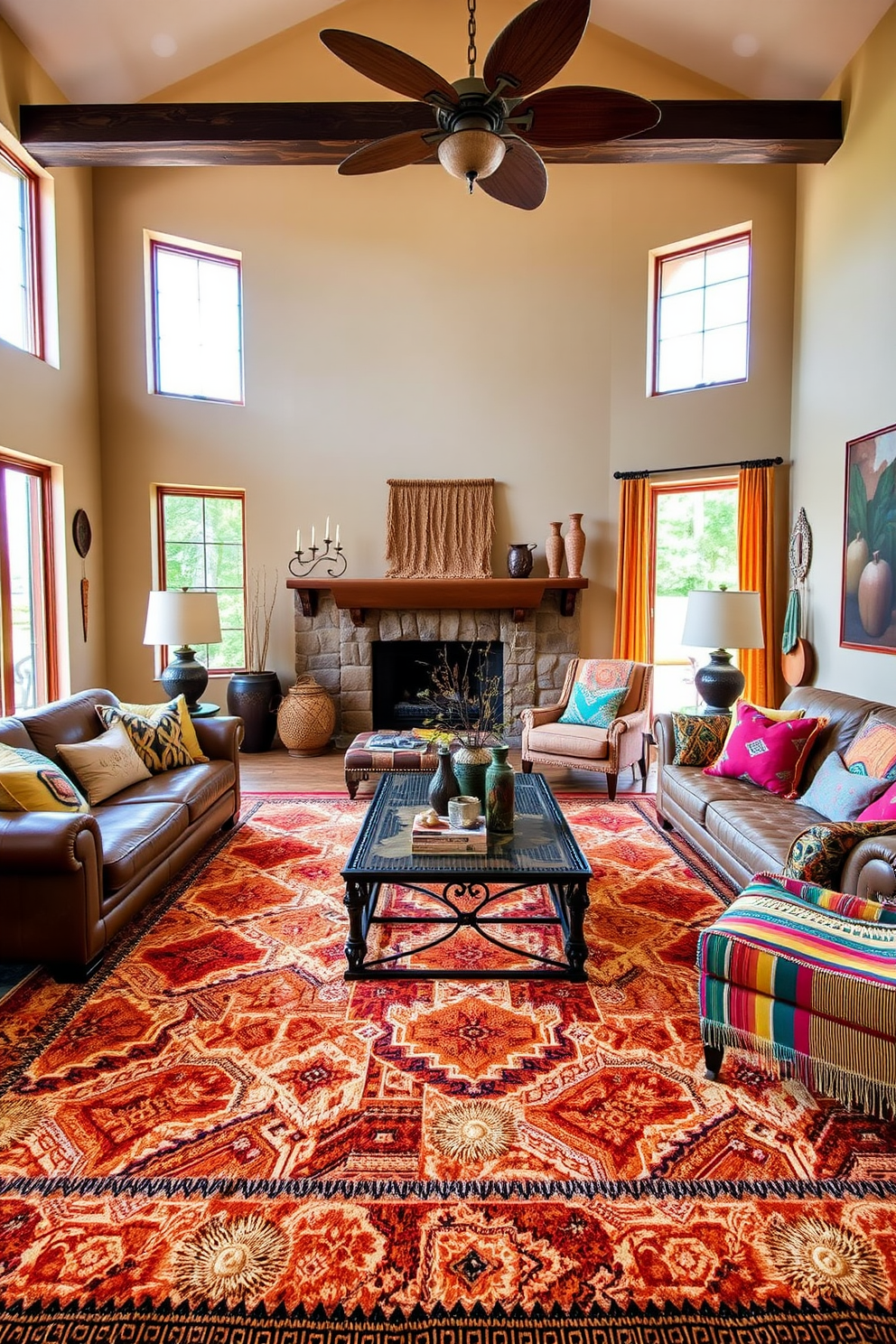 A vibrant Southwestern living room features a large, plush area rug with geometric patterns in warm earth tones. Ironwork accents are incorporated through a striking coffee table and decorative wall hangings, creating a bold statement. The furniture includes a mix of leather sofas and colorful woven chairs, enhancing the room's inviting atmosphere. Large windows allow natural light to flood the space, highlighting the rich textures and colors of the decor.