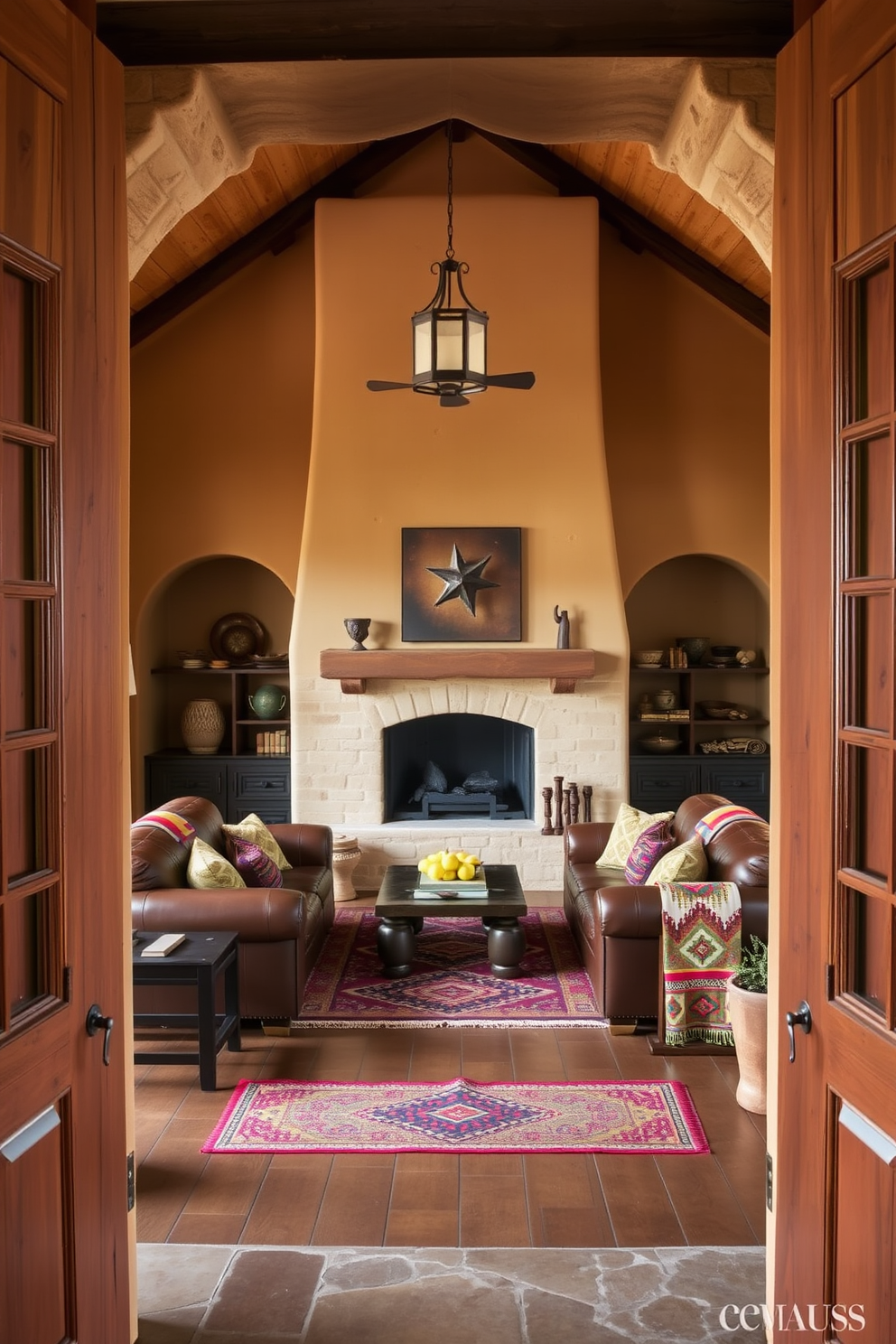 Hacienda-style doors frame a spacious Southwestern living room filled with warm earth tones and rustic charm. The room features a large adobe fireplace as the focal point, surrounded by comfortable leather sofas and vibrant woven textiles.