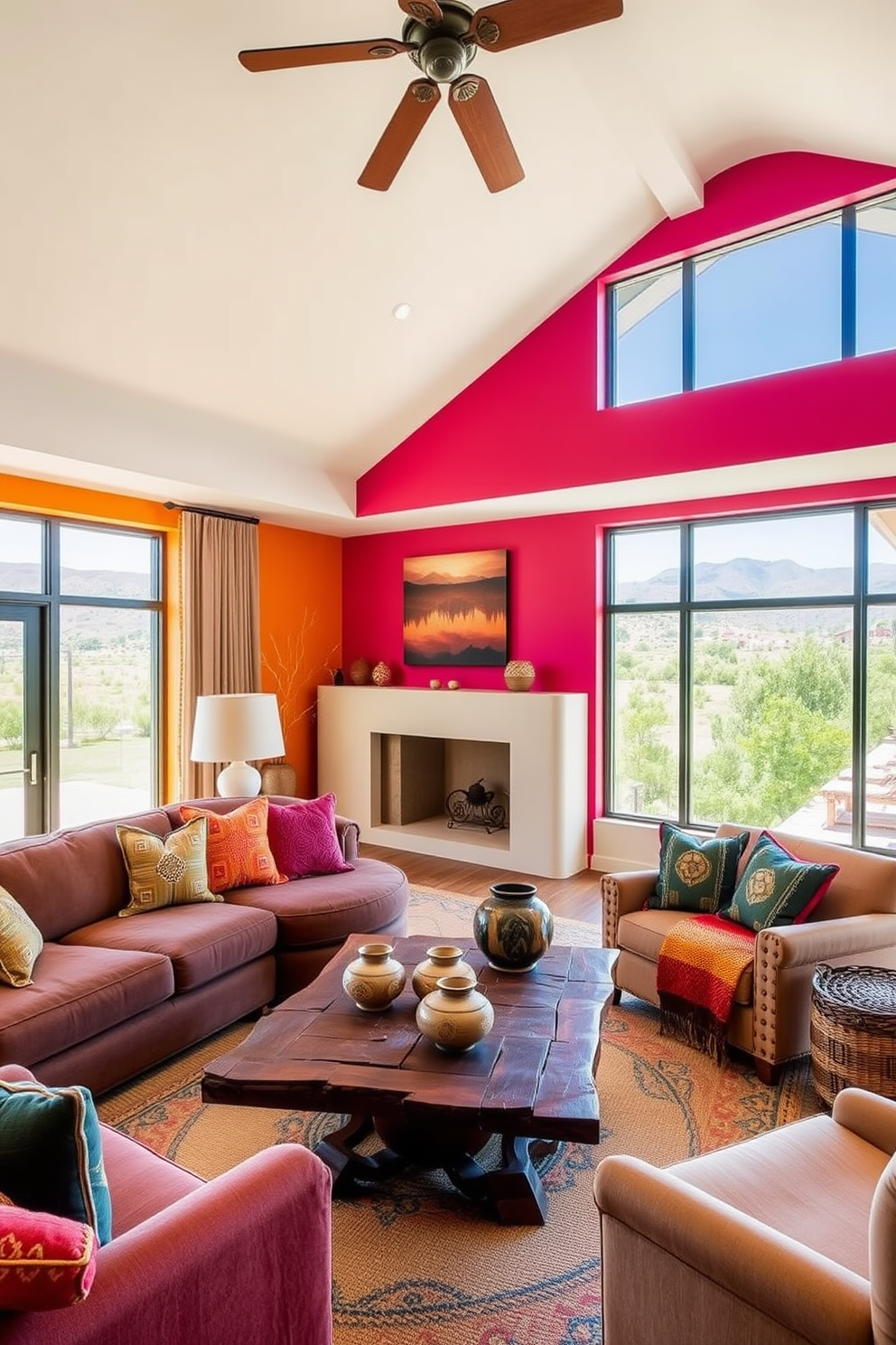 Brightly colored accent walls in a Southwestern living room create a warm and inviting atmosphere. The space features a large, plush sofa adorned with vibrant throw pillows, complementing the rich hues of the walls. A rustic wooden coffee table sits at the center, surrounded by handcrafted pottery and woven textiles. Large windows allow natural light to flood in, enhancing the earthy tones of the decor and showcasing a stunning view of the outdoors.