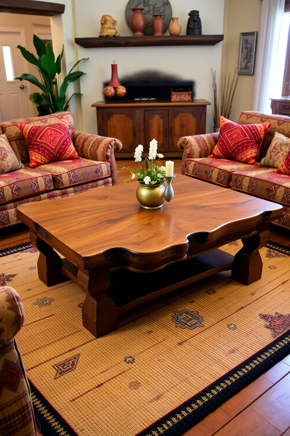 A handcrafted wooden coffee table sits at the center of a cozy Southwestern living room. The table features intricate carvings and a rich finish that complements the warm earth tones of the surrounding decor. Surrounding the table are plush, patterned sofas adorned with colorful throw pillows. A woven rug with geometric designs anchors the space, adding texture and warmth to the inviting atmosphere.