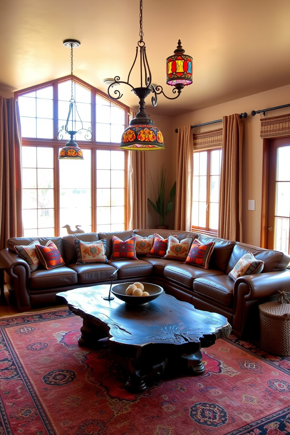 A cozy southwestern living room features warm earthy tones with a large leather sofa adorned with colorful woven throw pillows. A rustic wooden coffee table sits in the center, surrounded by patterned area rugs that add texture to the space. The room is illuminated by unique southwestern style lighting fixtures made of wrought iron and adorned with vibrant stained glass shades. Large windows draped with natural fiber curtains allow ample sunlight to flood the room, enhancing the inviting atmosphere.