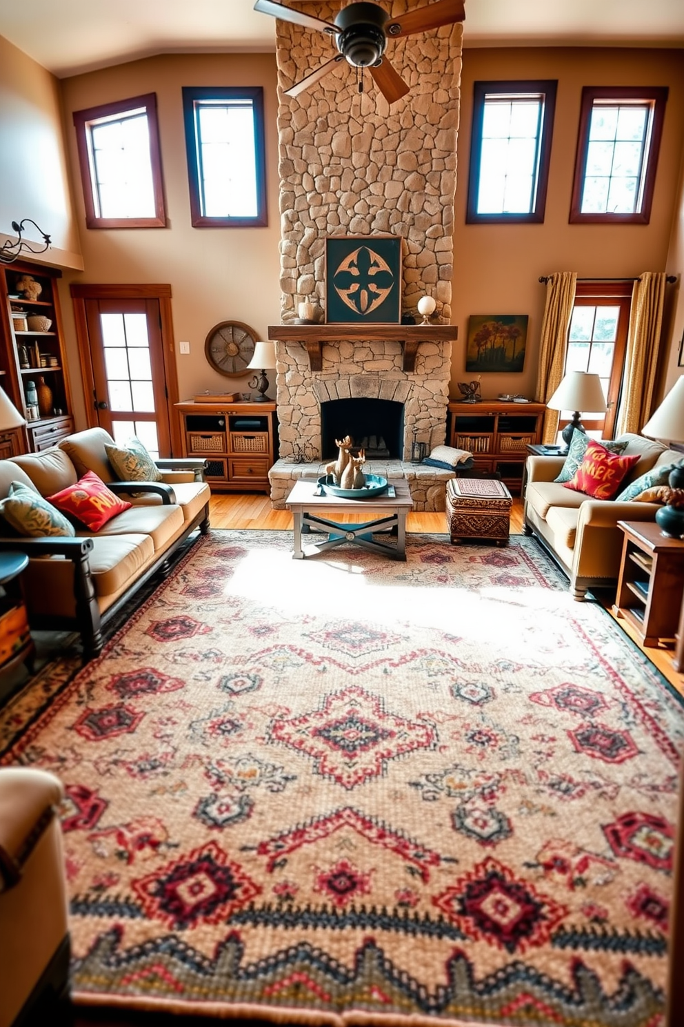 A warm and inviting Southwestern living room features a large textured rug that adds coziness underfoot. The room is adorned with earthy tones, rustic wooden furniture, and vibrant accent pillows that reflect the rich cultural heritage of the Southwest. Natural light streams through large windows, illuminating the space and highlighting the intricate patterns of the rug. A stone fireplace serves as a focal point, surrounded by comfortable seating arrangements that encourage relaxation and conversation.