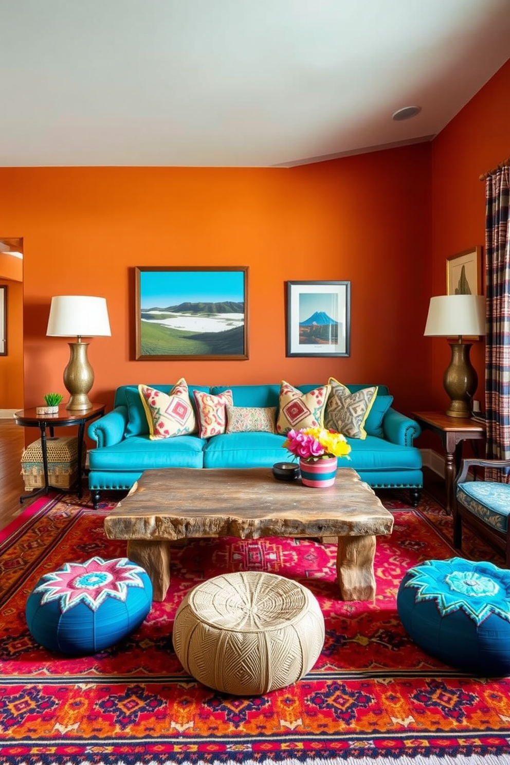 A vibrant Southwestern living room filled with an array of textures and colors. The walls are adorned with a warm terracotta hue, while a large area rug featuring geometric patterns anchors the seating area. A plush sofa in a rich turquoise fabric is paired with patterned throw pillows showcasing traditional Southwestern motifs. A rustic wooden coffee table sits at the center, surrounded by woven poufs in complementary colors for added seating and style.