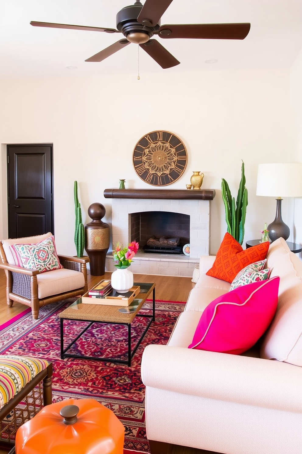 A cozy Southwestern living room with neutral walls that serve as a backdrop for vibrant decor pieces. Colorful throw pillows and a patterned area rug add warmth and personality to the space.