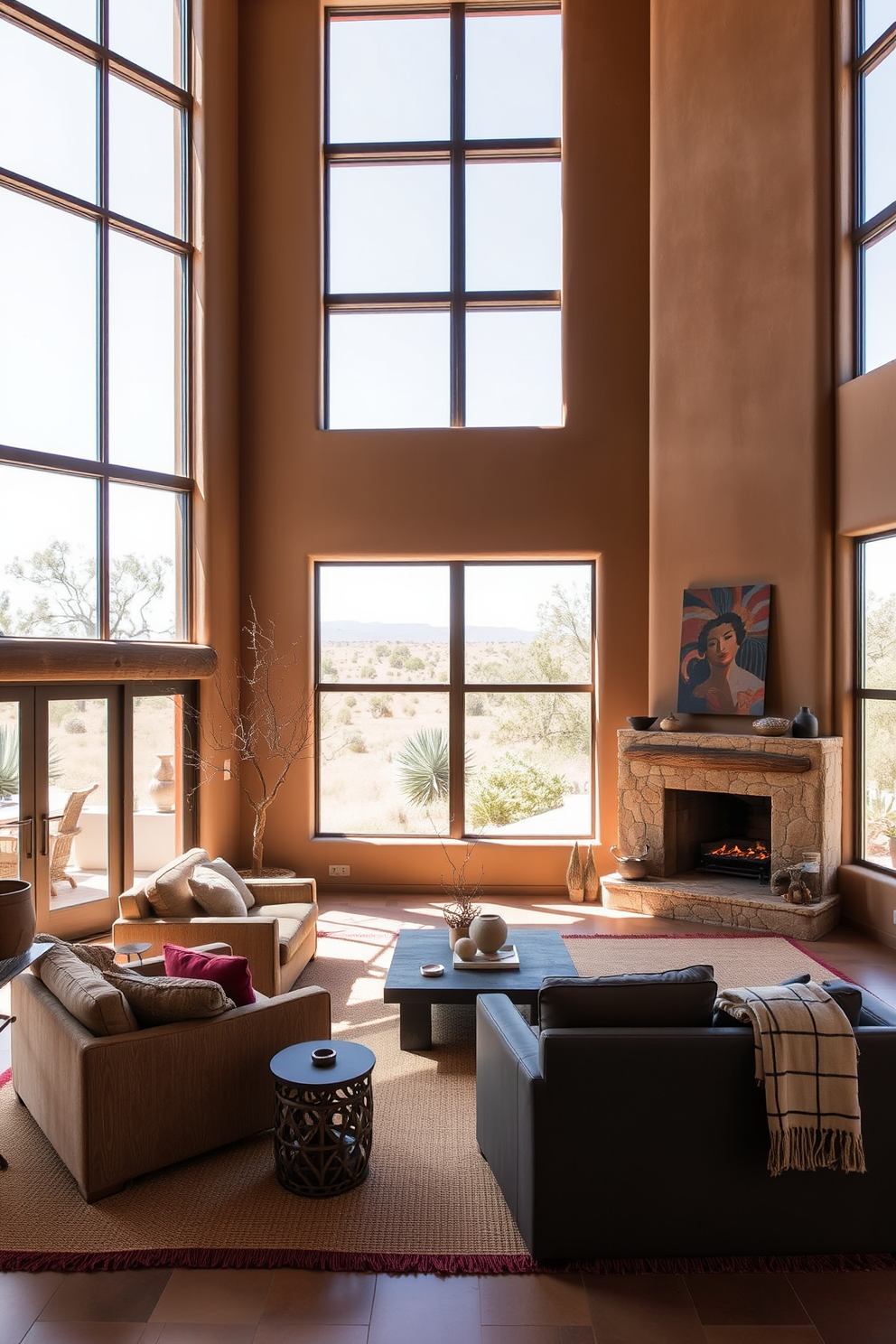 A spacious living room featuring large windows that invite abundant natural light. The room is adorned with earthy tones and rustic textures, showcasing Southwestern design elements like adobe-style walls and a cozy fireplace.