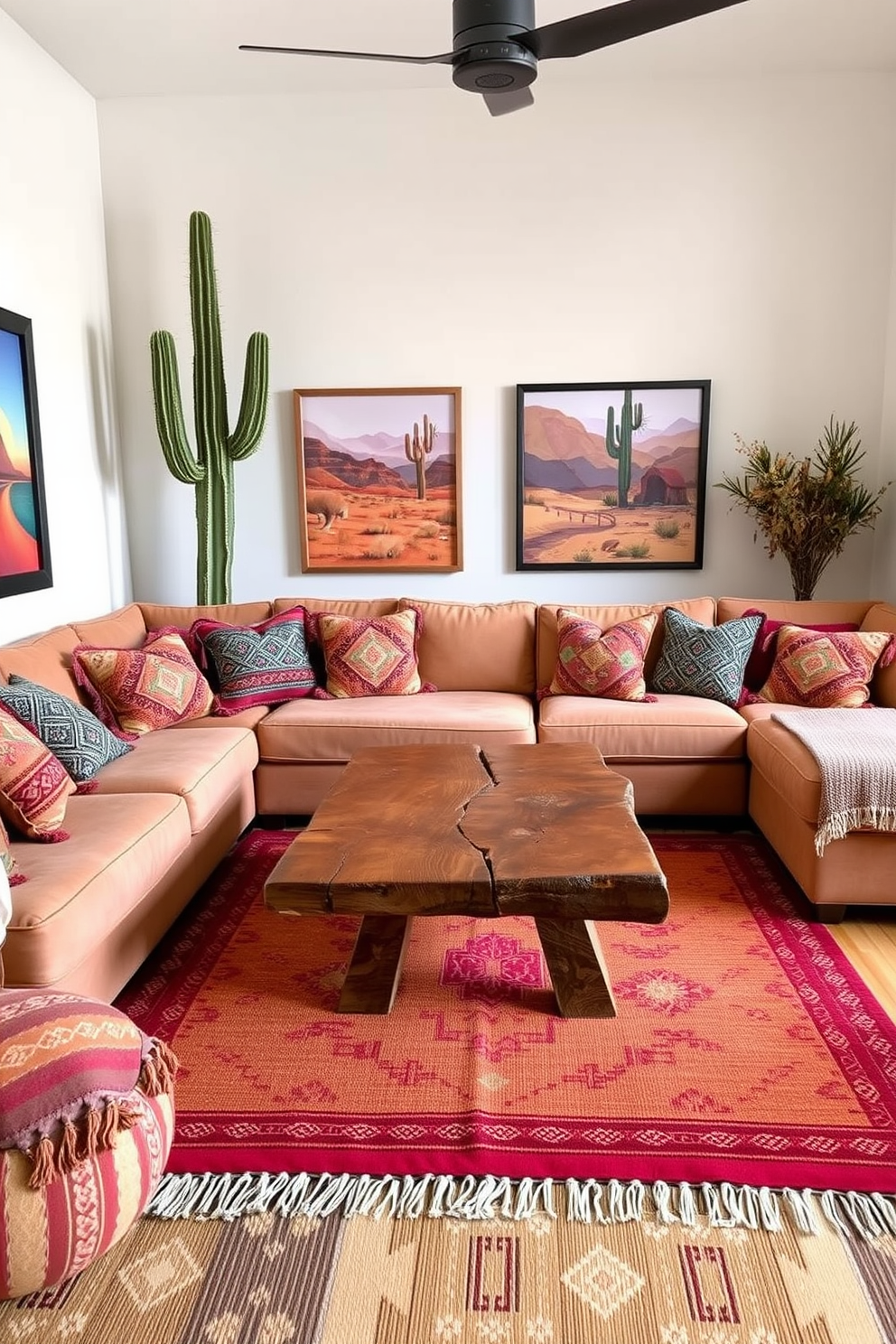 A cozy southwestern living room features a large, plush sectional sofa adorned with vibrant, patterned throw pillows in earthy tones. A rustic wooden coffee table sits at the center, surrounded by handwoven area rugs that add warmth and texture to the space. The walls are decorated with framed artwork showcasing southwestern landscapes and cultural motifs. A tall, potted cactus stands in one corner, complementing the natural elements of the room while enhancing the overall aesthetic.