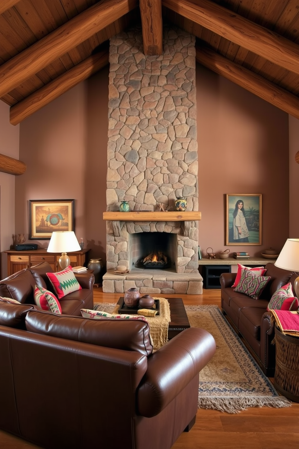 A cozy Southwestern living room features rustic stone elements that add texture and warmth to the space. The walls are adorned with earthy tones, complemented by a large stone fireplace that serves as the focal point of the room. Natural wood beams stretch across the ceiling, enhancing the rustic charm, while a plush area rug lies beneath a set of comfortable leather sofas. Colorful woven textiles and handcrafted pottery are strategically placed to bring in the vibrant spirit of Southwestern design.