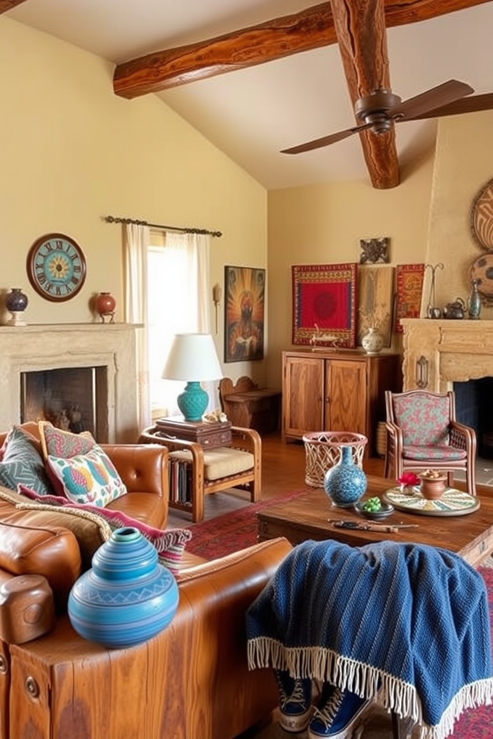 A Southwestern living room featuring reclaimed wood furniture and decor. The space is adorned with earthy tones, accentuated by vibrant textiles and handcrafted pottery.