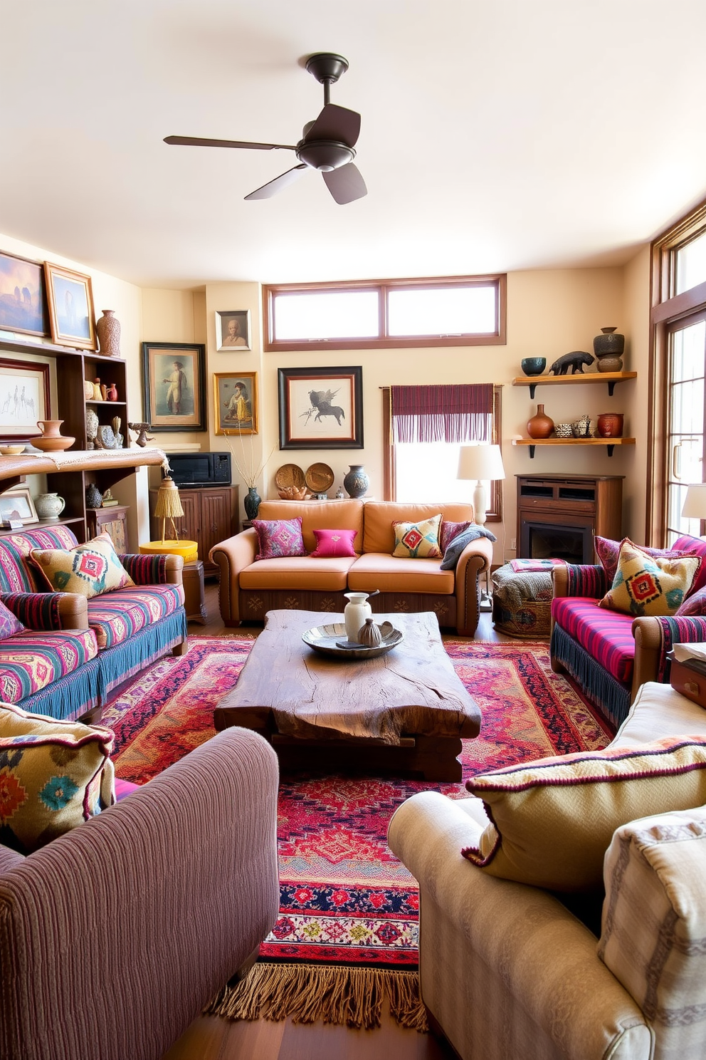 A cozy Southwestern living room filled with cultural artifacts that serve as conversation starters. The space features a large, rustic wooden coffee table surrounded by colorful woven rugs and plush seating adorned with traditional patterns. On the walls, there are framed pieces of Native American art and handcrafted pottery displayed on shelves. Large windows let in natural light, highlighting the earthy tones of the furniture and the vibrant accents of the decor.