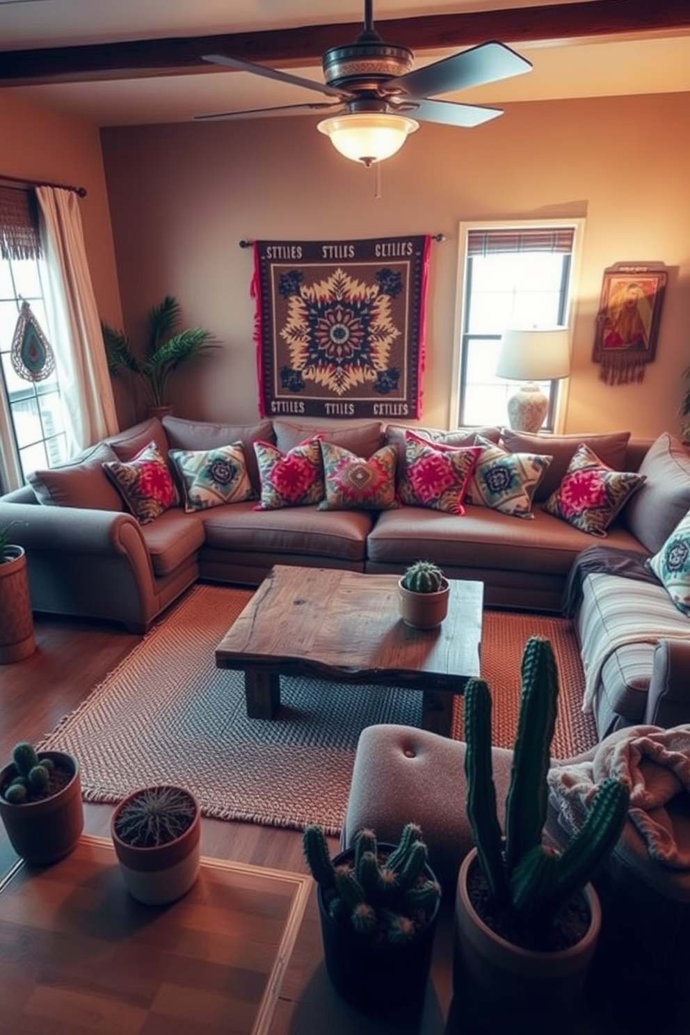 A cozy Southwestern living room filled with soft lighting that creates a warm ambiance. The space features a large, plush sectional sofa adorned with vibrant, patterned throw pillows and a rustic wooden coffee table at the center. The walls are painted in earthy tones, complemented by decorative woven textiles and artwork that reflect Southwestern culture. A woven rug lies beneath the coffee table, and potted cacti add a touch of greenery to the room.