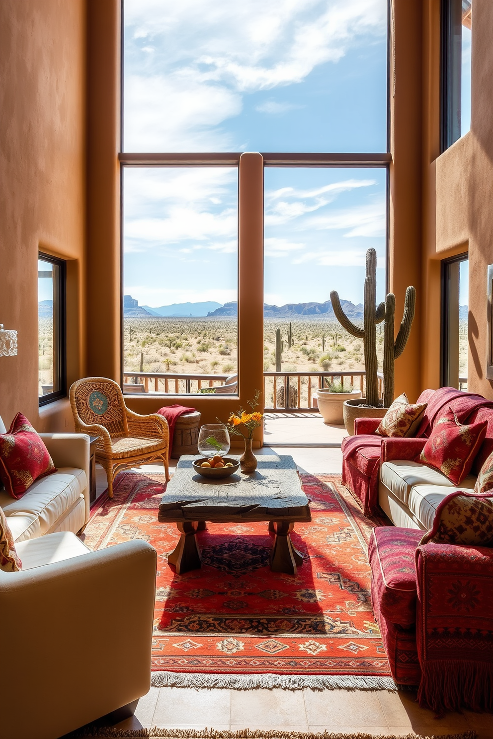 A Southwestern living room that seamlessly blends outdoor elements with indoor comfort. Large windows allow natural light to flood the space, showcasing a stunning view of the desert landscape outside. The room features adobe-style walls painted in warm earth tones. A rustic wooden coffee table sits atop a vibrant area rug, surrounded by plush seating upholstered in rich textiles that reflect the region's cultural heritage.