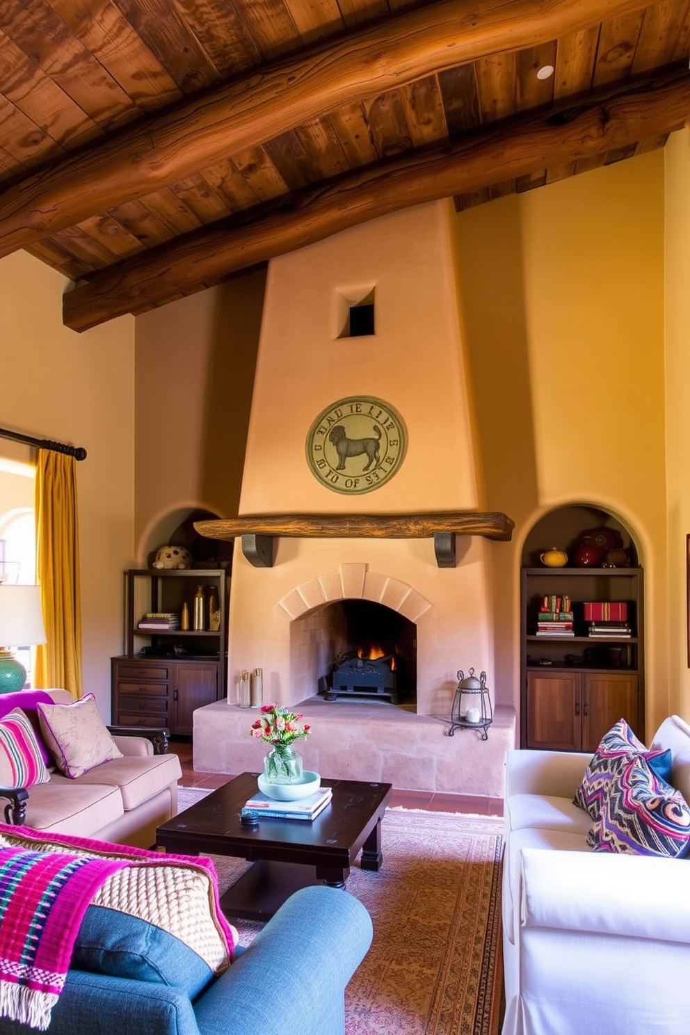 A warm and inviting Southwestern living room features an adobe-style fireplace as the focal point, surrounded by rustic wooden beams on the ceiling. The walls are adorned with earth-toned plaster, and colorful woven textiles add texture and warmth to the space.