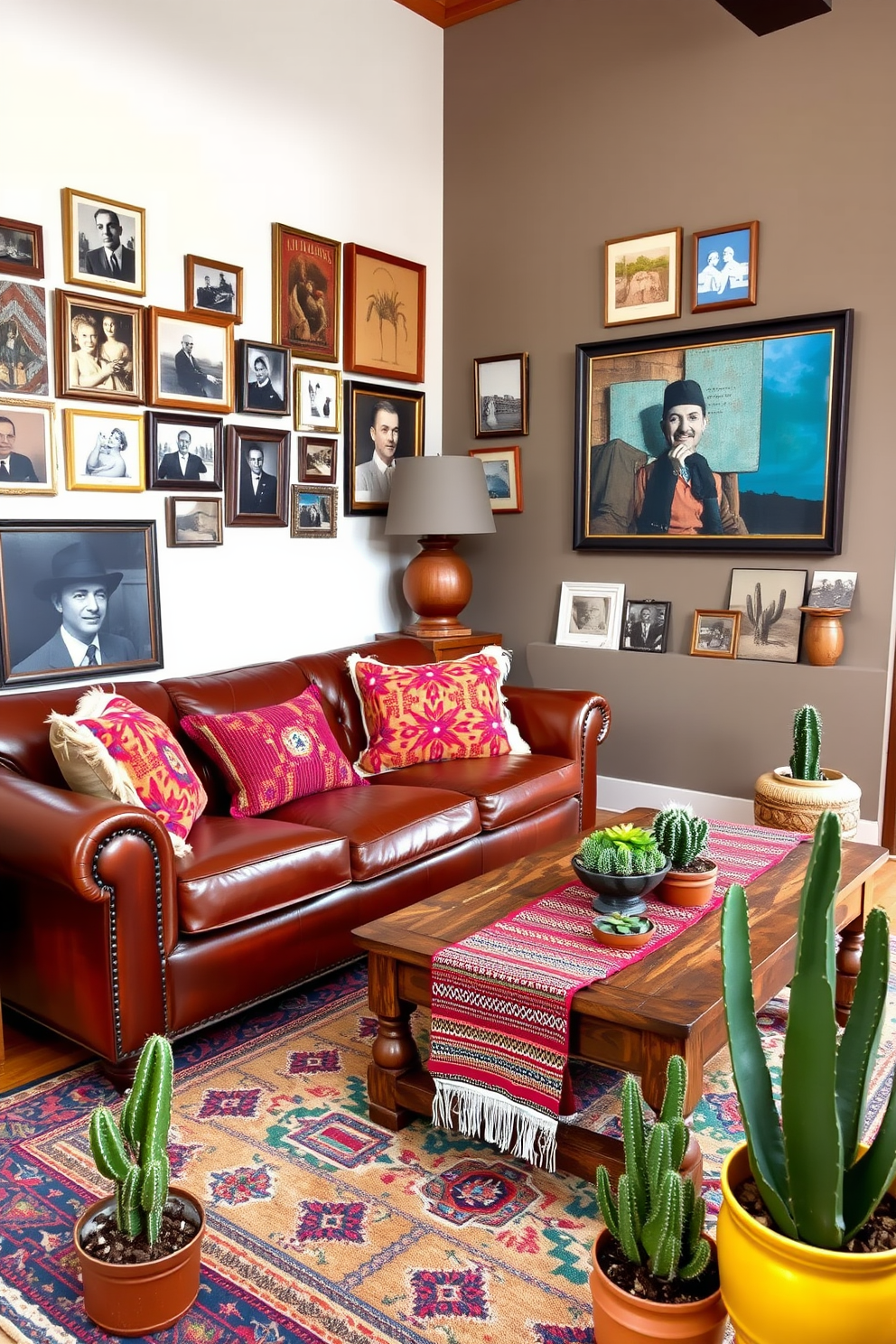 An eclectic living room featuring a blend of vintage and modern Southwestern elements. The space includes a rich leather sofa paired with colorful woven cushions and a rustic wooden coffee table adorned with a patterned textile runner. On one wall, a gallery of framed vintage photographs and modern art creates a striking focal point. The floor is covered with a vibrant area rug, while potted cacti and succulents add a touch of greenery to the room.