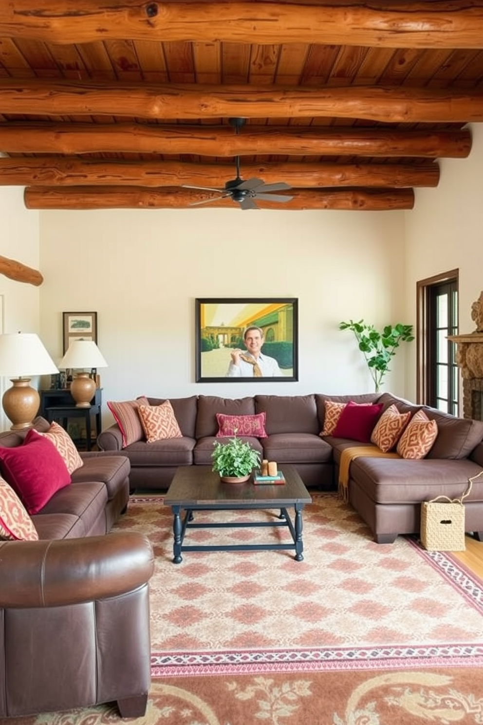 A cozy Southwestern living room with wood beams on the ceiling that adds rustic charm. The space features a large, comfortable sectional sofa adorned with colorful throw pillows and a patterned area rug underfoot.