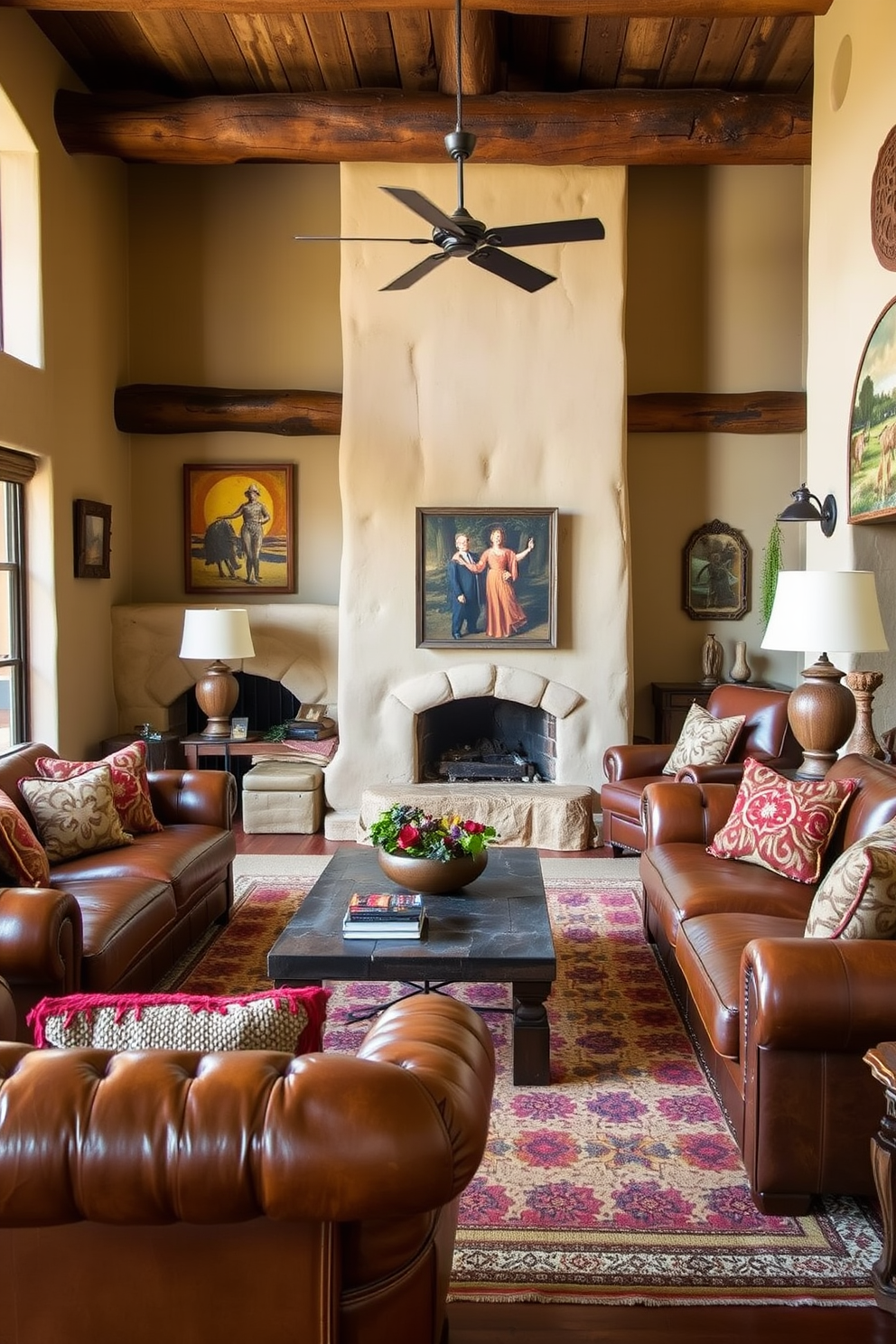 A Southwestern living room features leather furniture that exudes a rugged charm. The space is accented with earthy tones and vibrant textiles, creating a warm and inviting atmosphere.