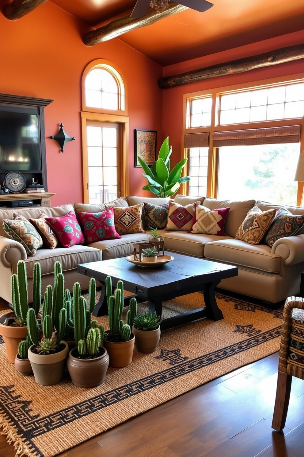 A cozy southwestern living room features a large, plush sofa adorned with vibrant southwestern patterned throw pillows in earthy tones. The walls are painted a warm terracotta, complemented by wooden accents and a rustic coffee table at the center of the room. A woven area rug in geometric designs anchors the space, while a collection of potted cacti and succulents adds a touch of greenery. Natural light streams in through large windows, enhancing the inviting atmosphere of this southwestern-inspired design.