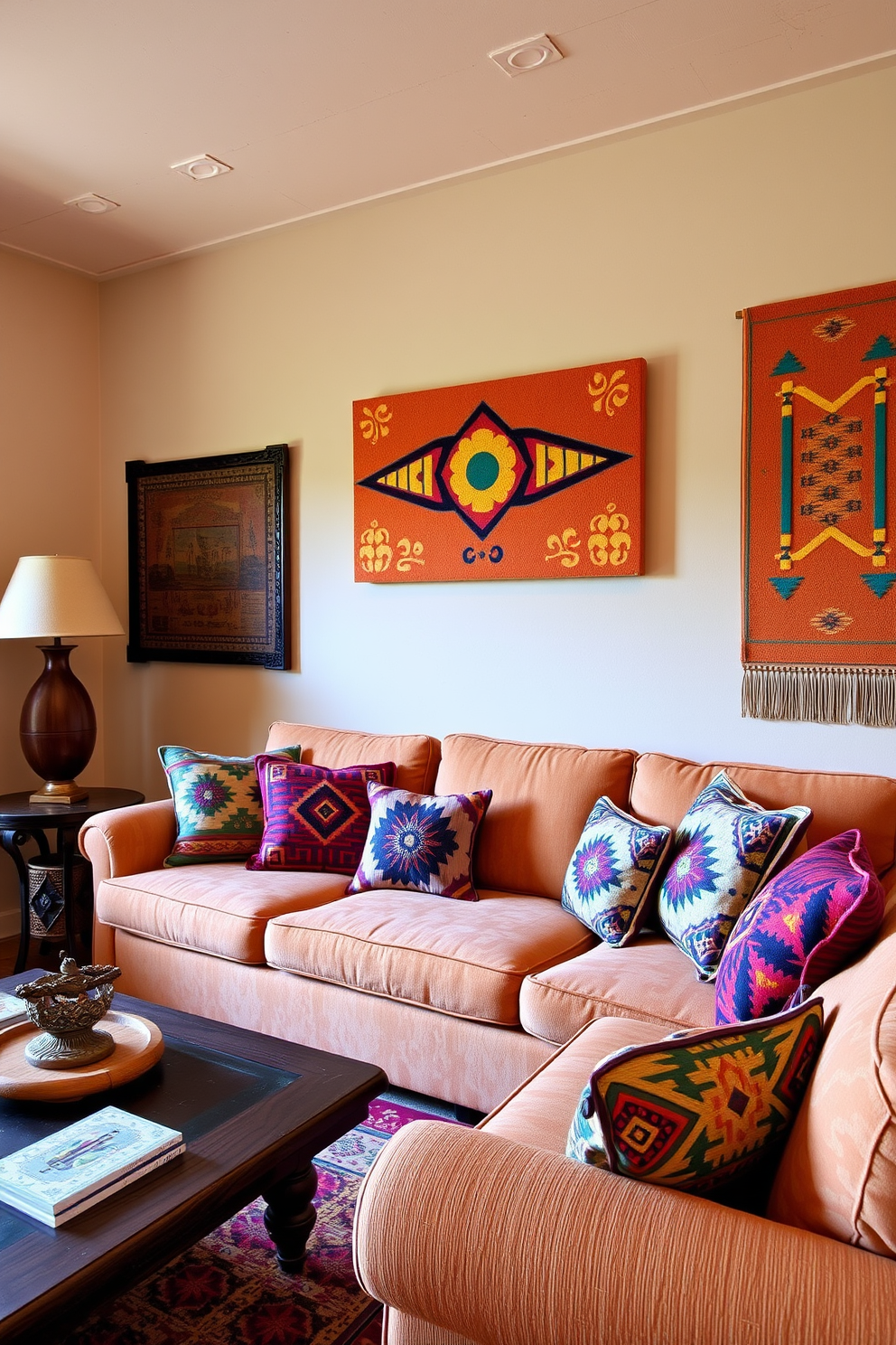 A warm and inviting Southwestern living room features a large, plush sofa adorned with colorful Native American patterned cushions. The walls are decorated with vibrant Native American art pieces that showcase traditional motifs and earthy tones, creating a rich cultural atmosphere.