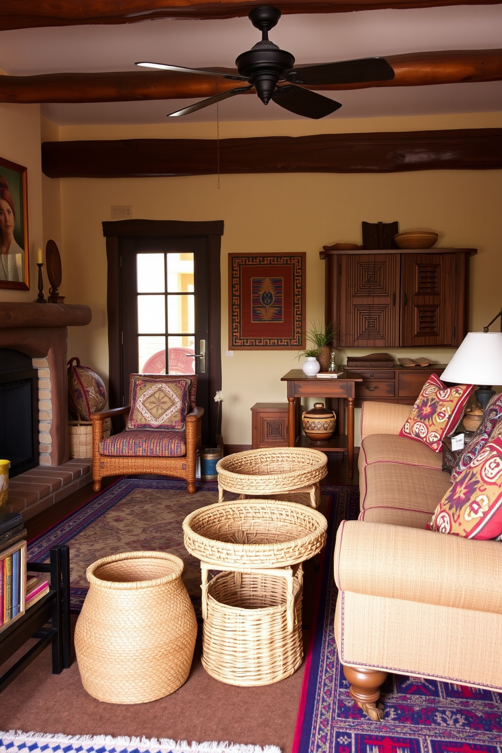 A cozy Southwestern living room features woven baskets artfully arranged for decorative storage. The room is adorned with earthy tones, rustic wooden furniture, and vibrant textiles that reflect the region's cultural heritage.