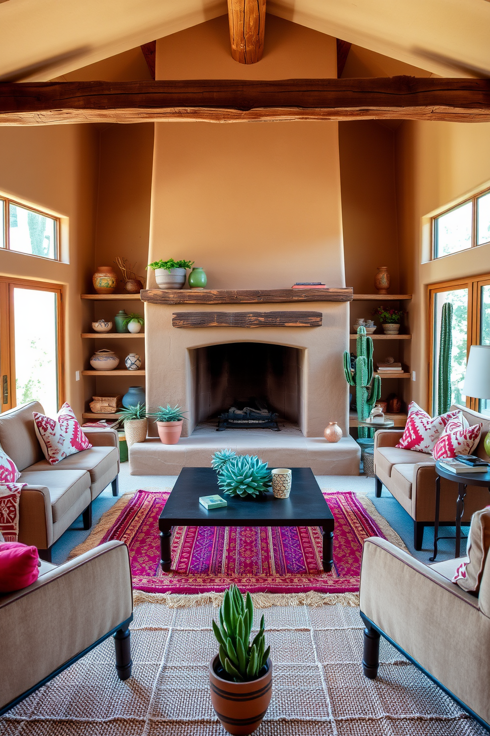 A warm and inviting Southwestern living room features a cozy adobe fireplace as the focal point. Earthy tones of terracotta and sandy beige dominate the color palette, complemented by vibrant textiles and woven rugs. Succulents and cacti are strategically placed on shelves and side tables, adding natural accents to the space. Large windows allow ample sunlight to filter in, highlighting the textures of wooden beams and clay pots.